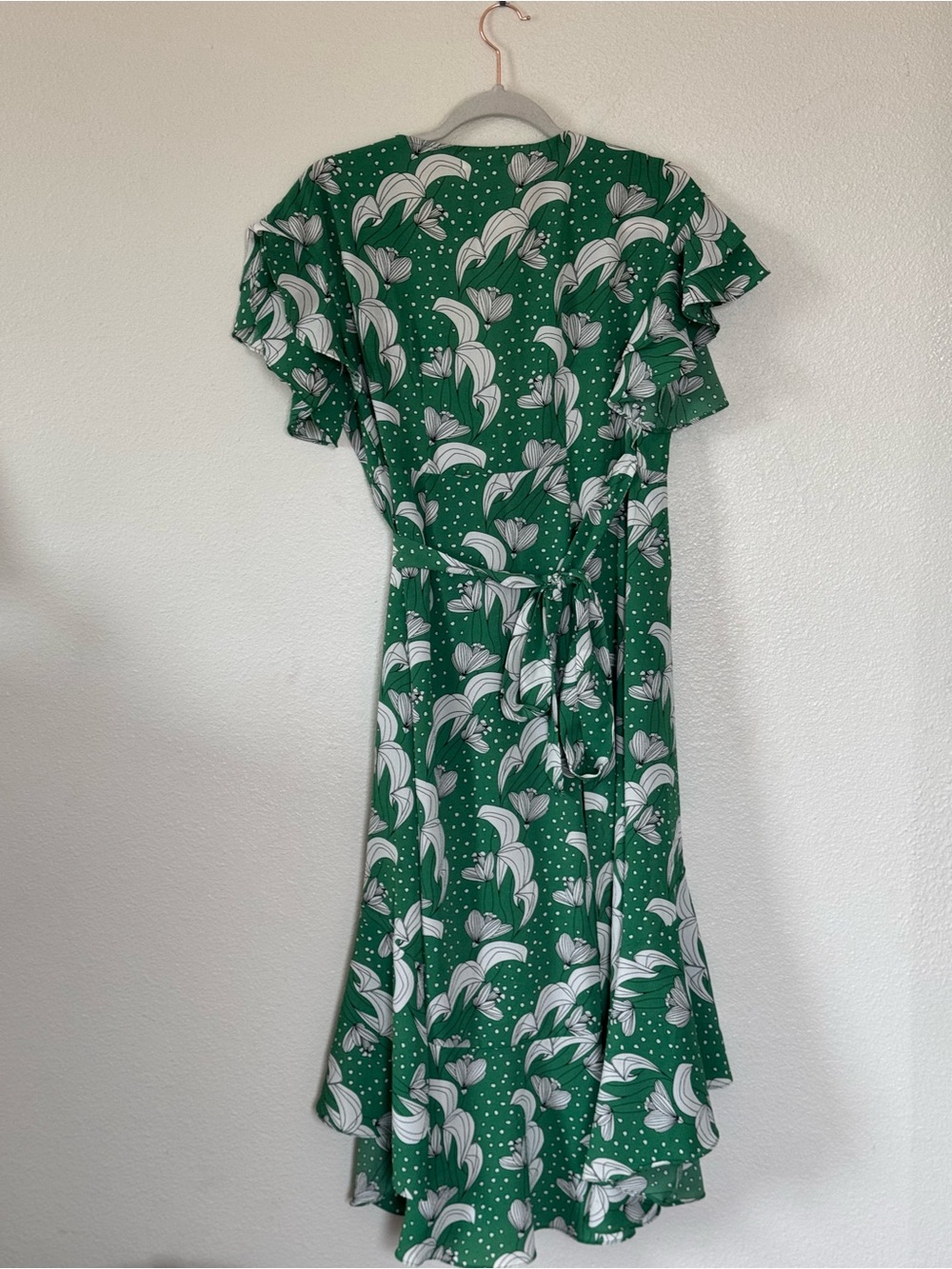 Max Studio Green Floral Print Ruffle Wrap Dress High Low Midi Flutter Sleeve XS - Picture 4 of 11